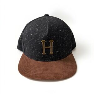 HUF Tweed Wool Snapback Hat Black Brown Leather Strap Metal H Logo USA Made‎